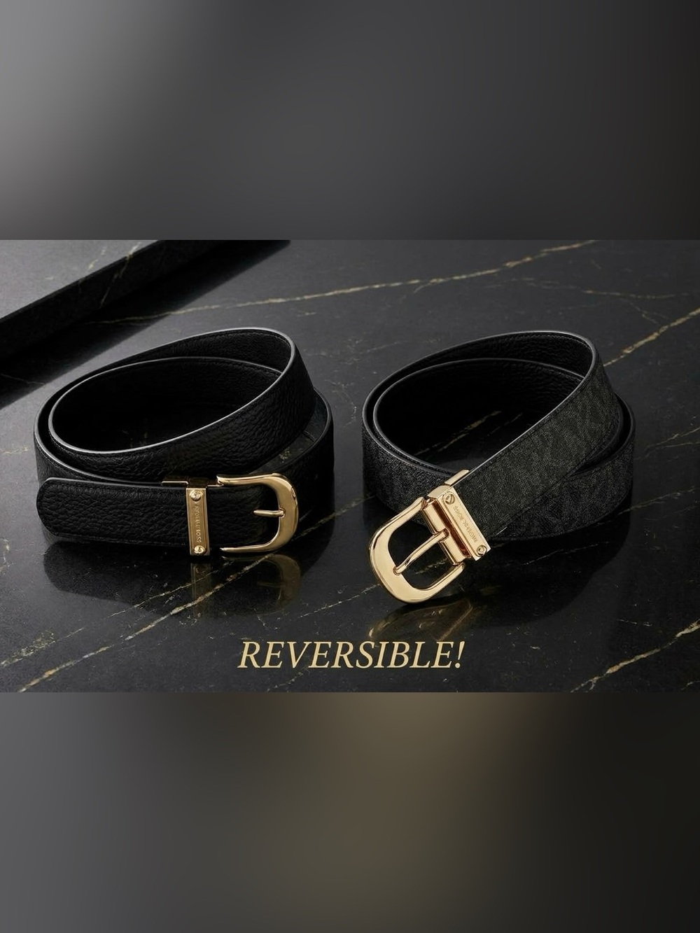 Michael Kors Reversible Leather Belt Black Pebble & MK Logo Gold Buckle XL